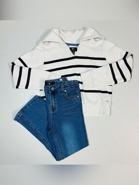7 For All Mankind Kids Cream and Navy Striped Hoodie + Blue Denim Jeans Set